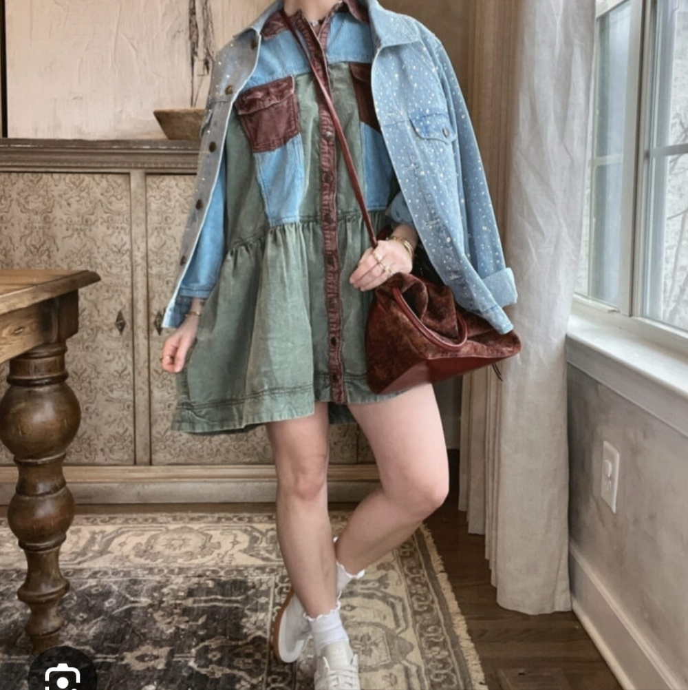 Free People Wild Roads Blue and Green Mini Cord Dress/Shacket - Size Small - Picture 4 of 16